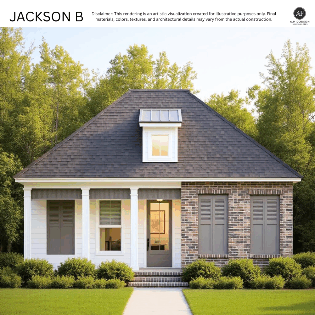 New construction Jackson B model home by A.P. Dodson Home Builders in Baton Rouge, featuring a classic brick and siding exterior, front porch with columns, dormer window, and landscaped front yard.