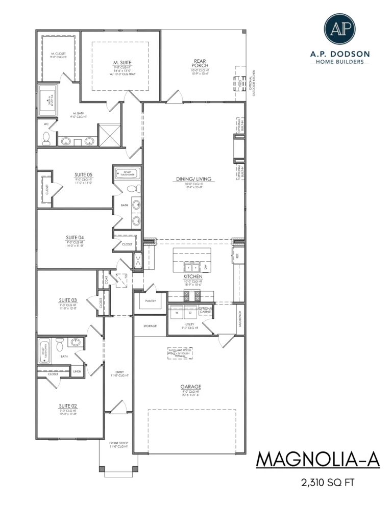 Floor plan of the Magnolia A model home by A.P. Dodson Home Builders in Baton Rouge, a 2,310 square foot new construction featuring five bedrooms, three bathrooms, open kitchen and living area, rear porch, and two-car garage.