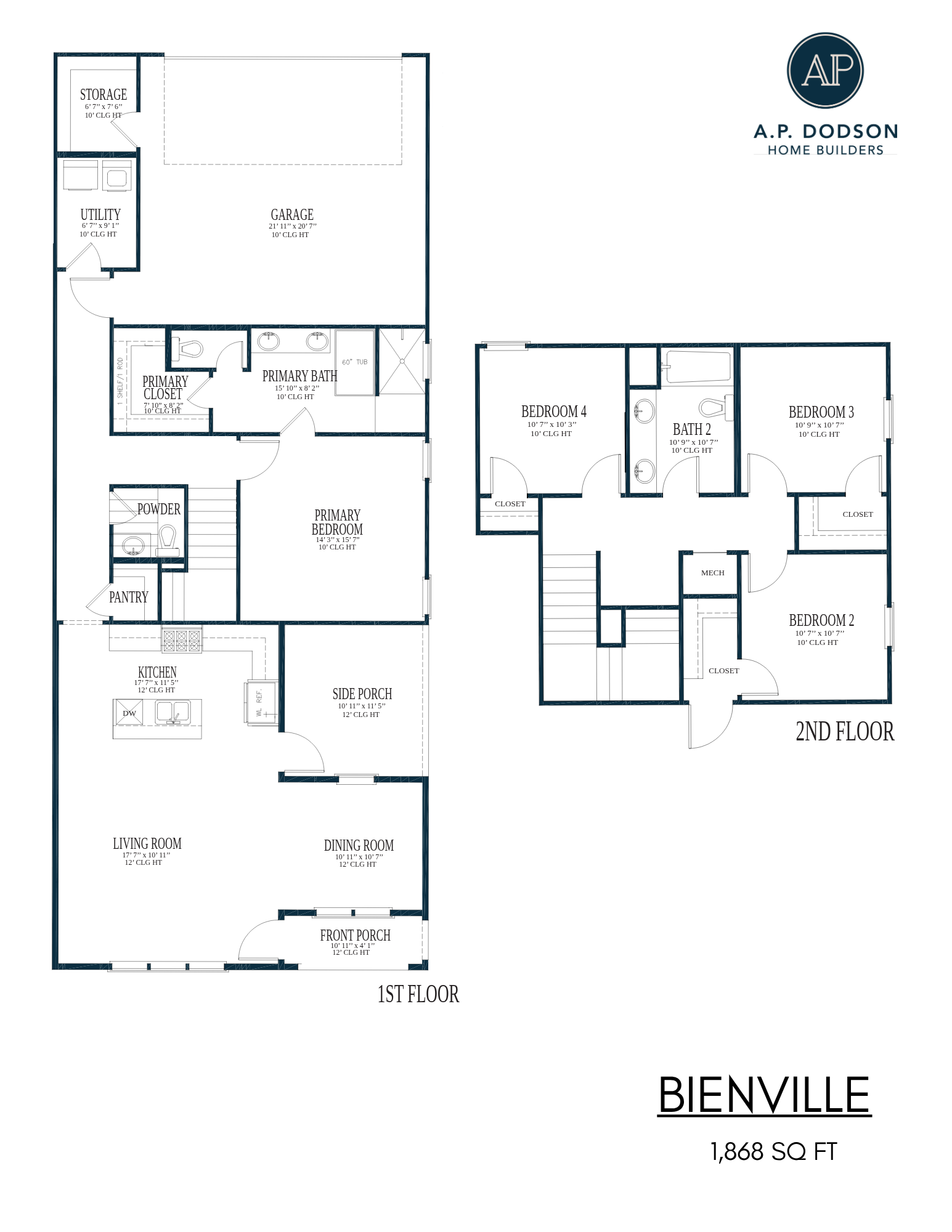 Bienville 1,868 sq ft two-story home floor plan by AP Dodson featuring first-floor primary bedroom with ensuite bath, open kitchen, living and dining rooms, utility room, powder room, garage with storage, and second-floor layout with three bedrooms and shared bathroom.