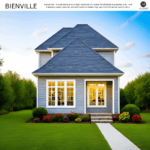 Bienville home elevation by A.P. Dodson Home Builders — two-story coastal-style design with blue siding, steep roofline, and large front windows showcasing an inviting modern interior with warm lighting and landscaped entry.
