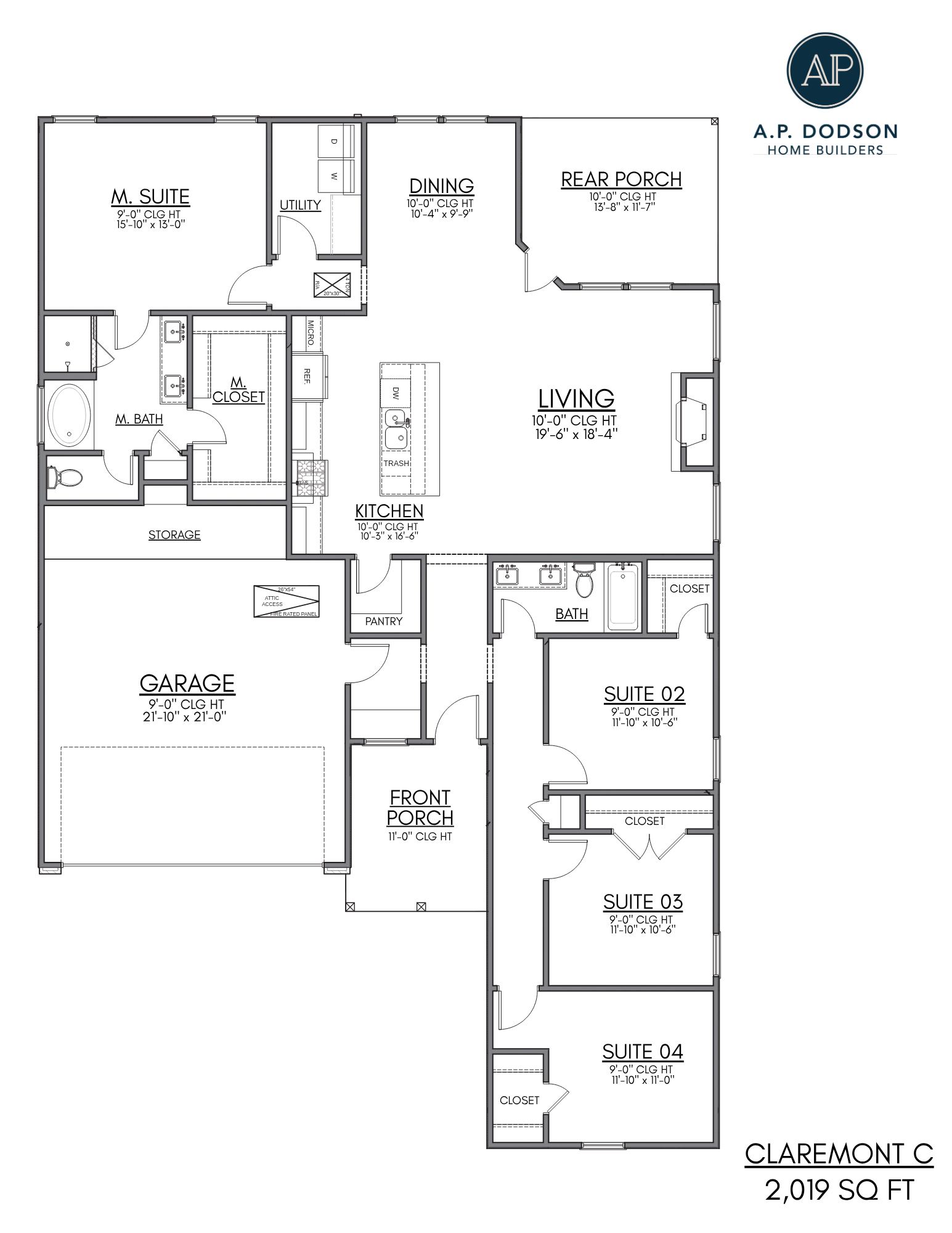 AP Dodson Homes Claremont C floor plan layout with 4 bedrooms, 2 baths, open kitchen, large living room, dining room, rear porch, front porch, pantry, utility room, and attached two-car garage.
