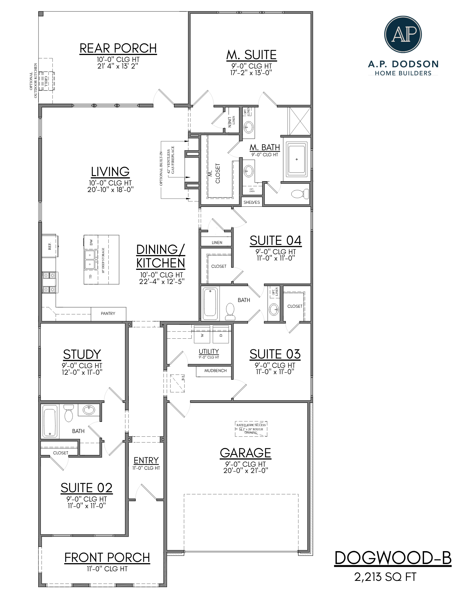 Floor plan for the Dogwood-B home, 2,213 square feet, by A.P. Dodson Home Builders. The layout features a front porch leading into an entry hall. To the left are Suite 02 with a closet and an adjacent full bath, plus a separate study room. Moving inward, the dining/kitchen area includes a large island, pantry, and opens into the living room with optional built-ins. The rear of the home includes a large covered rear porch accessible from the living area. The M. Suite is located at the back right corner, featuring a spacious bedroom, a master bath with dual sinks, a separate tub and shower, and a walk-in closet. Suite 04 is positioned near the master suite, with a closet and access to a shared full bath. Suite 03 is located near the center-right of the home with its own closet. A utility room with a mudbench connects to the two-car garage. Storage closets and linen closets are placed throughout the layout for convenience.