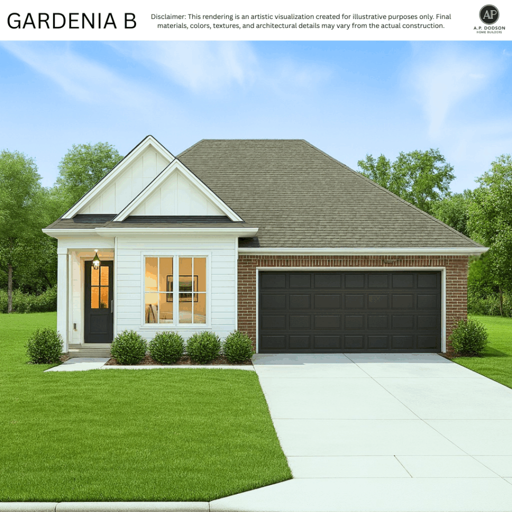 Gardenia B exterior elevation by A.P. Dodson Home Builders featuring a modern cottage-style design with white siding, brick accents, dark garage door, covered front porch, and gabled roofline. Large front window and clean landscaping enhance the home’s curb appeal, set against a backdrop of green lawn and mature trees.