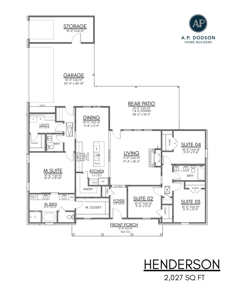Henderson floor plan by AP Dodson Home Builders – 2,027 sq ft single-story home featuring 4 bedrooms, 3 bathrooms, open-concept living and dining area, spacious kitchen with pantry, private master suite with walk-in closet, rear patio, front porch, storage room, utility room, and 2-car garage layout.