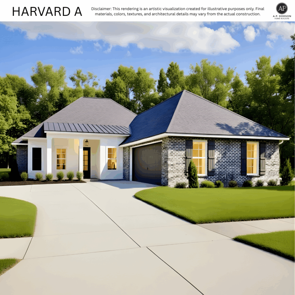 Exterior rendering of the Harvard A home by A.P. Dodson Home Builders. The house features a large hipped roof with architectural shingles and a metal accent roof over the front porch. The façade combines painted brick and horizontal siding in soft neutral tones. A centered front door with glass panes is flanked by two large windows, all beneath a covered porch supported by square columns. Decorative shutters frame the windows, and low landscaping shrubs line the walkway and foundation. The home sits against a backdrop of mature trees under a bright, clear sky.