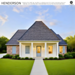 Front elevation of the Henderson home by A.P. Dodson Home Builders featuring a classic Southern design with a steep hip roof, mixed brick and vertical siding, blue shutters, and a welcoming covered front porch with columns. Warm interior lighting and well-manicured landscaping enhance the home’s inviting curb appeal.