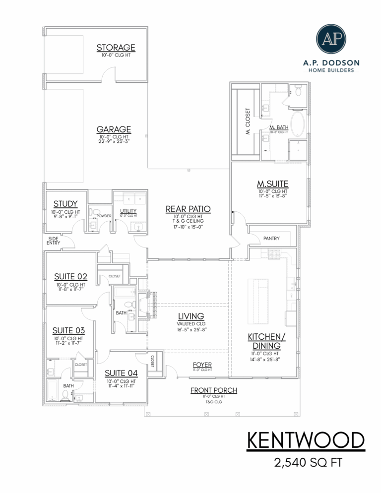 Floor plan layout for the Kentwood home by A.P. Dodson Home Builders, totaling 2,540 sq ft. The front porch opens into a foyer leading directly into a large living room with vaulted ceilings. To the right is an open-concept kitchen and dining area with a walk-in pantry. Adjacent to the kitchen is the primary suite, featuring a spacious bedroom, large primary closet, and primary bath with dual vanities, soaking tub, and separate shower. The left side of the home includes three additional bedrooms: Suite 02, Suite 03, and Suite 04, each with closet access and two shared baths. A study, powder room, and utility room sit near the side entry. The rear of the home features a covered rear patio with a 10’ ceiling. The garage, located at the back left of the house, includes an attached storage room.