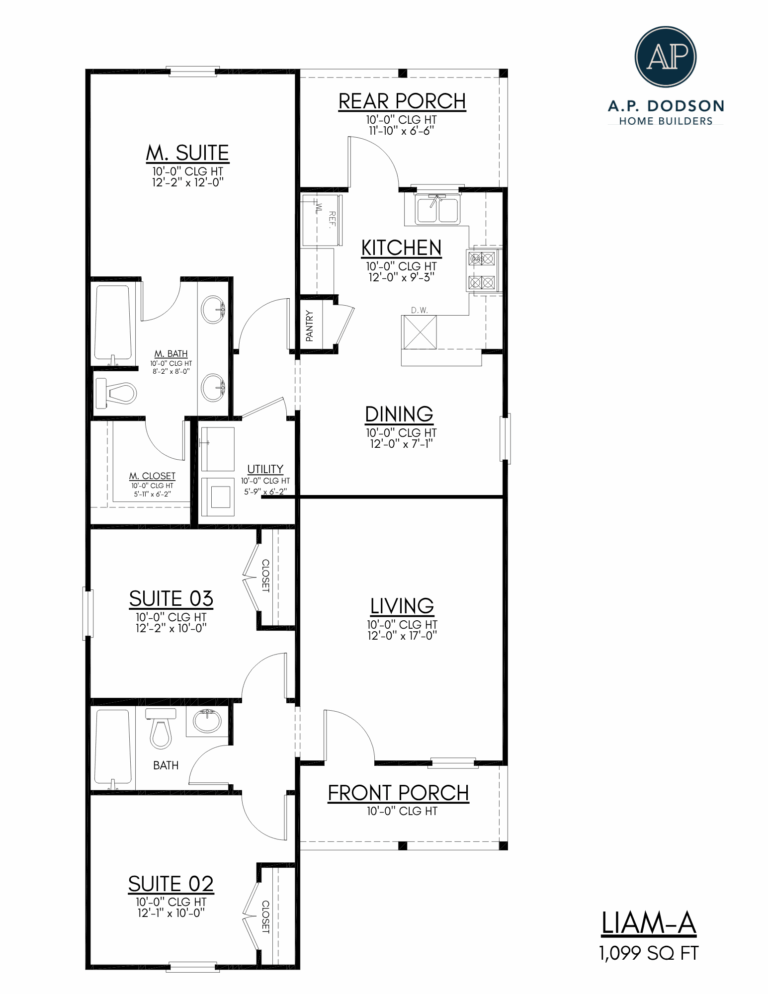 Floor plan of the Liam-A home by A.P. Dodson Home Builders, totaling 1,099 square feet. The layout features a front porch that opens into the main living room with 10-foot ceilings. To the right side of the living space is an open dining area connected to a galley-style kitchen equipped with a pantry and rear door leading to a small rear porch. The left side of the home contains three bedrooms. The primary suite is located at the top left, with a bedroom, private bathroom, and walk-in closet. Two secondary bedrooms, Suite 02 and Suite 03, are positioned near the front and center of the home and share a hallway bathroom. A compact utility room is located between the primary bathroom and the kitchen area. The layout is efficient and linear, with all rooms aligned along a central corridor.