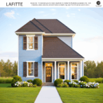 Front elevation rendering of the Lafitte home by A.P. Dodson Home Builders. The two-story design features blue horizontal siding with white trim and brown shutters. A covered front porch with three columns frames a centered front door with sidelights. Large windows line the porch area, and landscaped shrubs and flowering plants border the walkway leading to the entrance. The home has a steep, dark-shingled roof with a prominent front-facing gable.