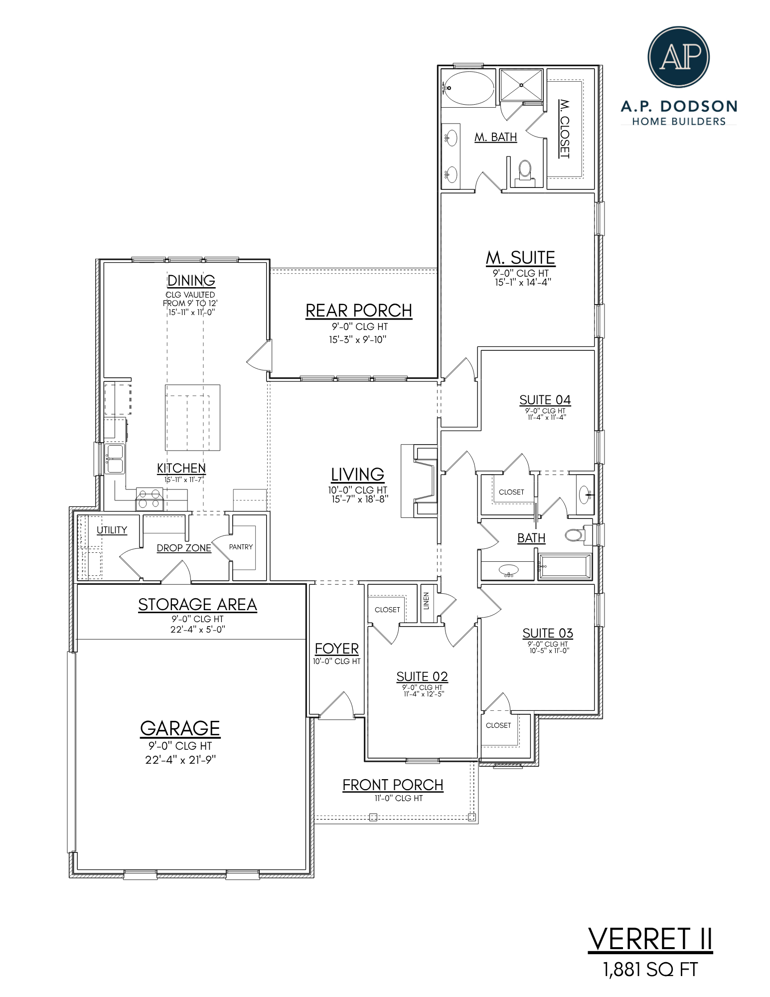 Floor plan layout for the Verret II, a 1,881-square-foot single-story home by A.P. Dodson Home Builders. The entry opens to a foyer leading into the main living area. The living room connects to the kitchen and dining space, with access to a rear porch. The kitchen includes an island, pantry, and a drop zone near the utility room and garage. The primary suite is located on the right side of the home and includes a large bedroom, walk-in closet, and private bathroom with separate tub and shower. Three additional bedrooms—Suite 02, Suite 03, and Suite 04—share a hallway bathroom. A front porch spans the entry, and the garage includes an extended storage area.