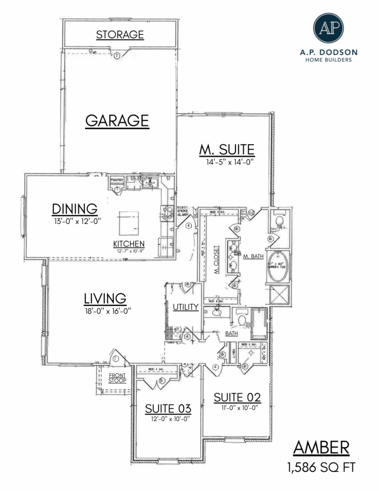 Amber floorplan by AP Dodson Homes featuring 1,586 square feet, 3-bedroom layout, open living and dining area, spacious kitchen, primary suite with walk-in closet, utility room, front stoop, and rear-entry garage with storage.