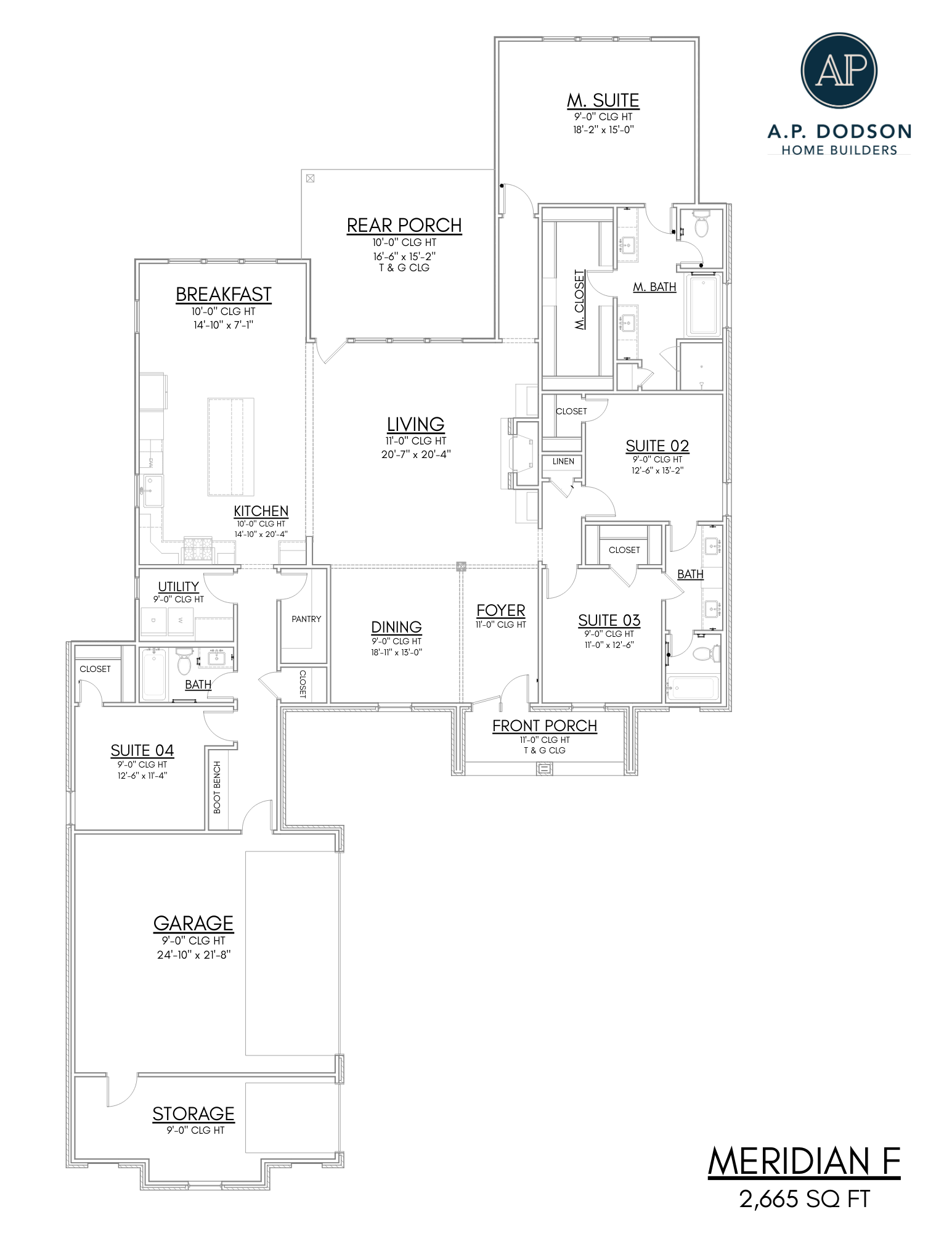 Meridian F floor plan by AP Dodson Homes featuring 2,665 sq ft with four bedrooms, three baths, open living and dining area, large kitchen with breakfast nook, rear porch, front porch, garage with storage, and spacious primary suite layout.