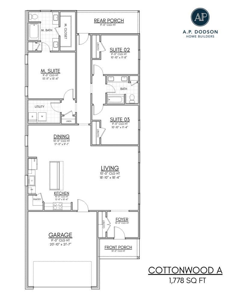 Cottonwood A floor plan by AP Dodson Home Builders featuring a single-story 1,778 sq ft layout with 3 bedrooms, 2 bathrooms, open living and dining area, kitchen with island, primary suite with walk-in closet and ensuite bath, rear porch, front porch, utility room, and attached two-car garage.
