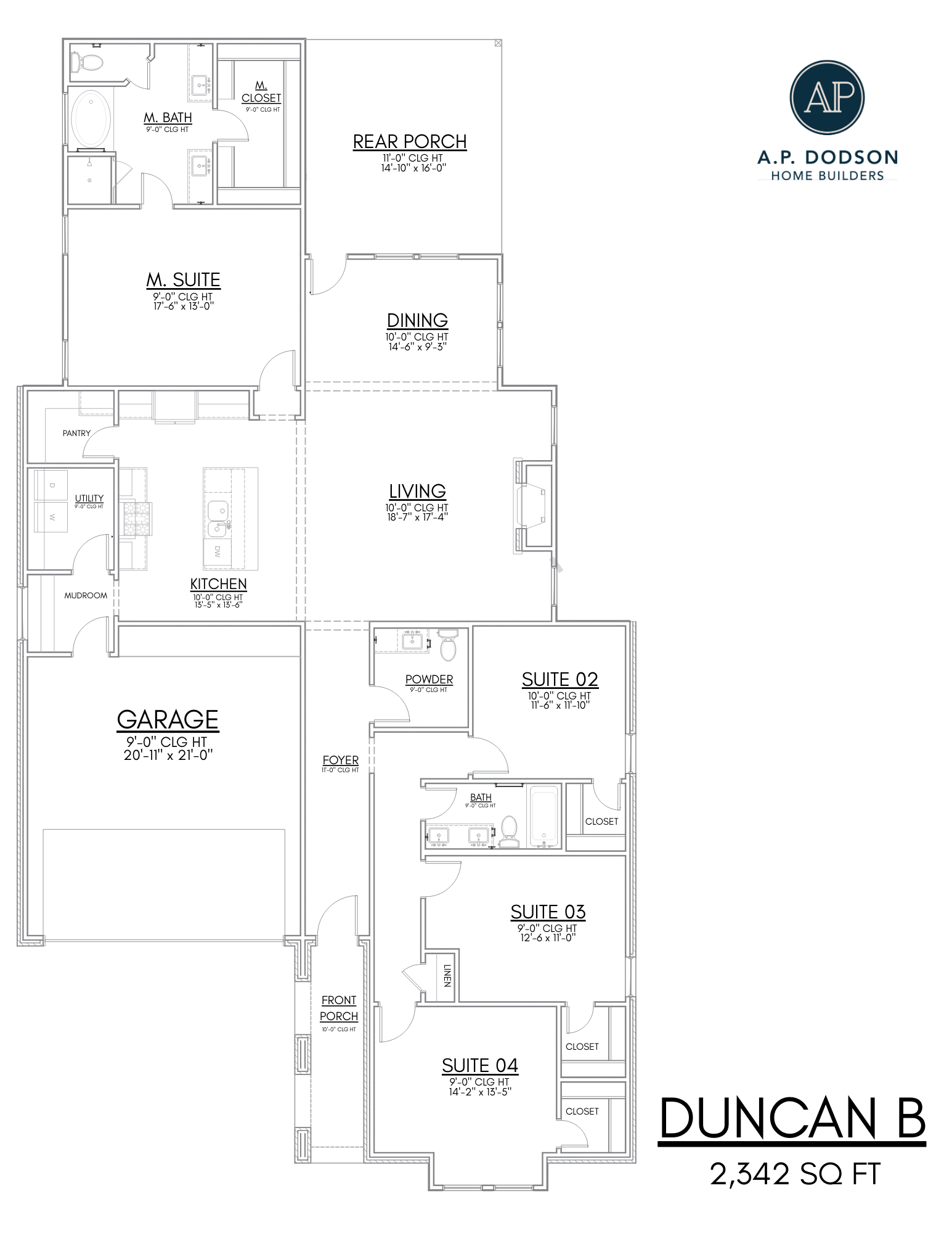 Duncan B floor plan by AP Dodson Home Builders showing a 2,342 sq ft single-story layout with open living area, kitchen, dining room, rear porch, four bedrooms, multiple bathrooms, and a two-car garage.