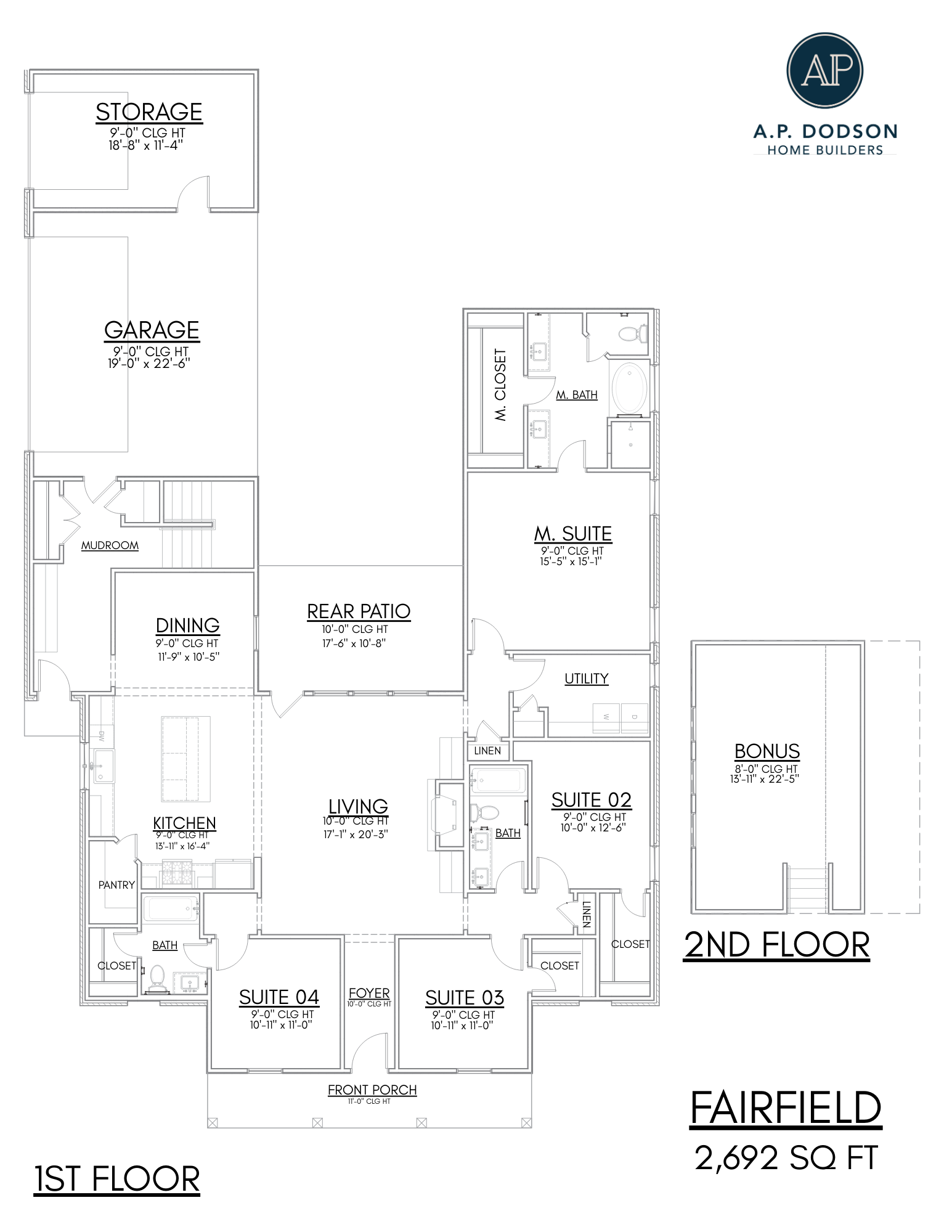 Fairfield A floor plan by AP Dodson Home Builders showing a 2,692 square foot home with open living and dining areas, spacious kitchen with pantry, rear patio, primary suite with ensuite bath and walk-in closet, three additional bedrooms, two full baths, front porch, two-car garage with storage, and second-floor bonus room.
