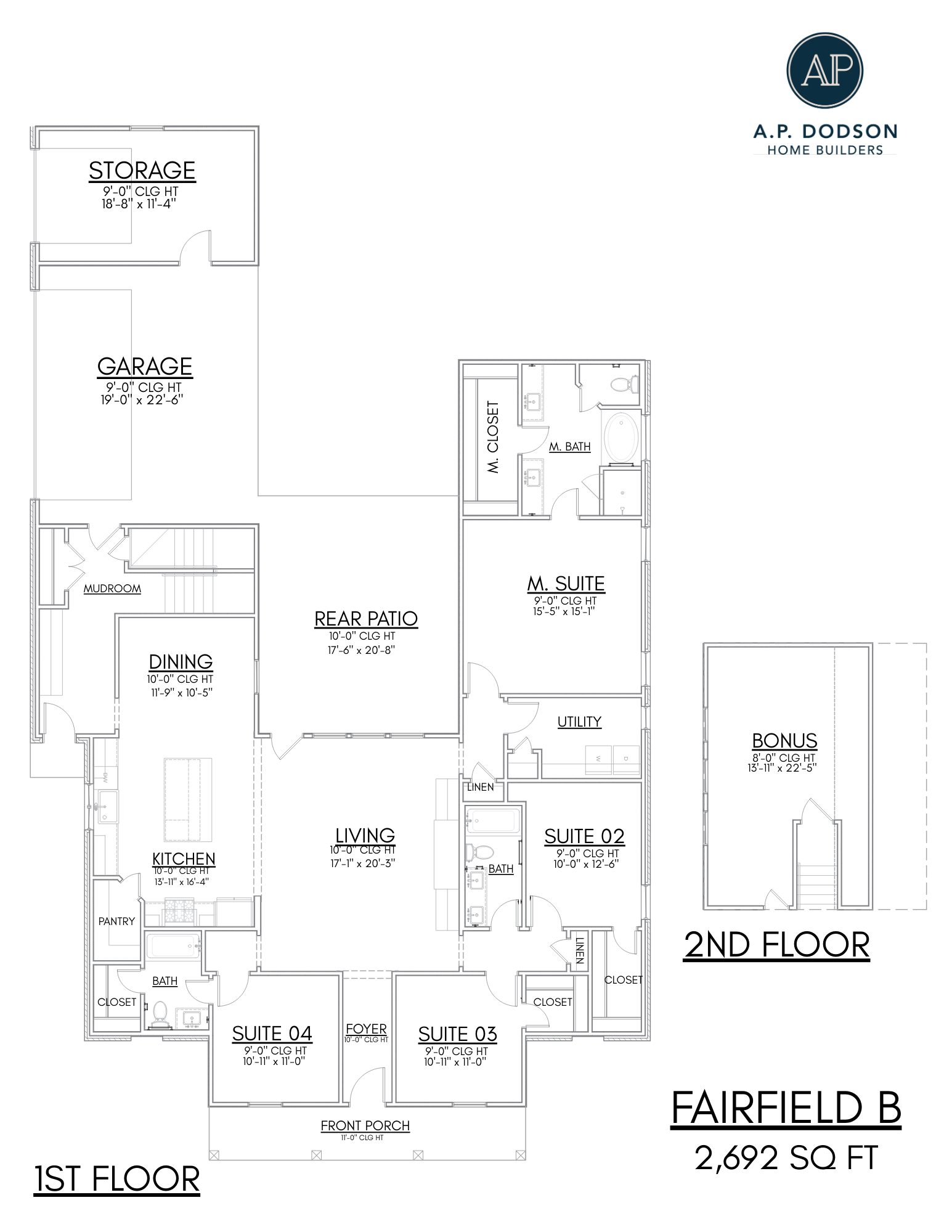 Fairfield B floor plan by AP Dodson Home Builders showing a 2,692 sq ft two-story home layout with open-concept living and dining areas, kitchen with pantry, rear patio, front porch, four bedrooms including a primary suite, multiple bathrooms, utility room, mudroom, attached garage, and second-floor bonus room.