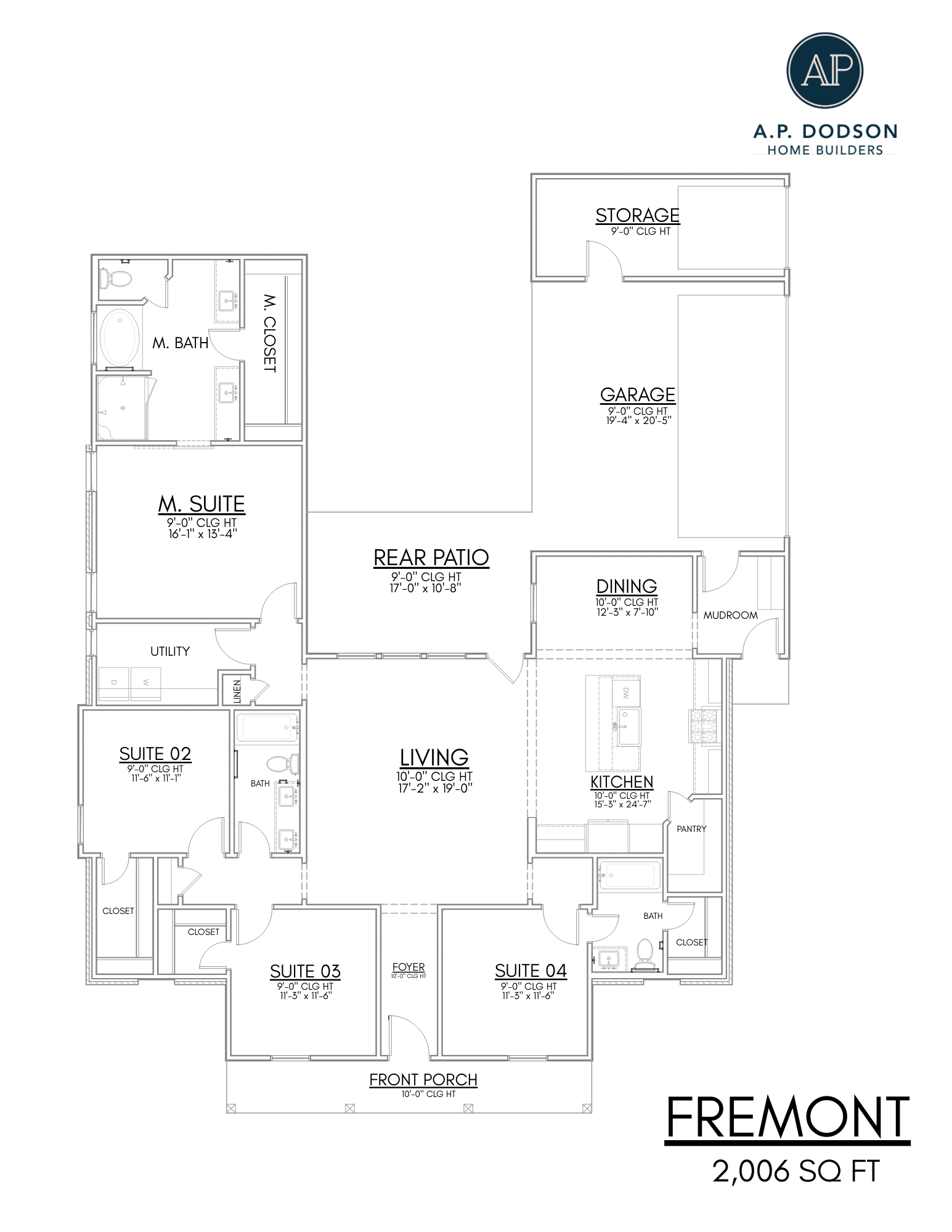 Fremont floor plan by AP Dodson Home Builders featuring a 2,006 sq ft single-story layout with 4 bedrooms, 3 bathrooms, open-concept living and dining area, spacious kitchen with island and pantry, private primary suite with walk-in closet, rear patio, covered front porch, mudroom, storage, and attached two-car garage.