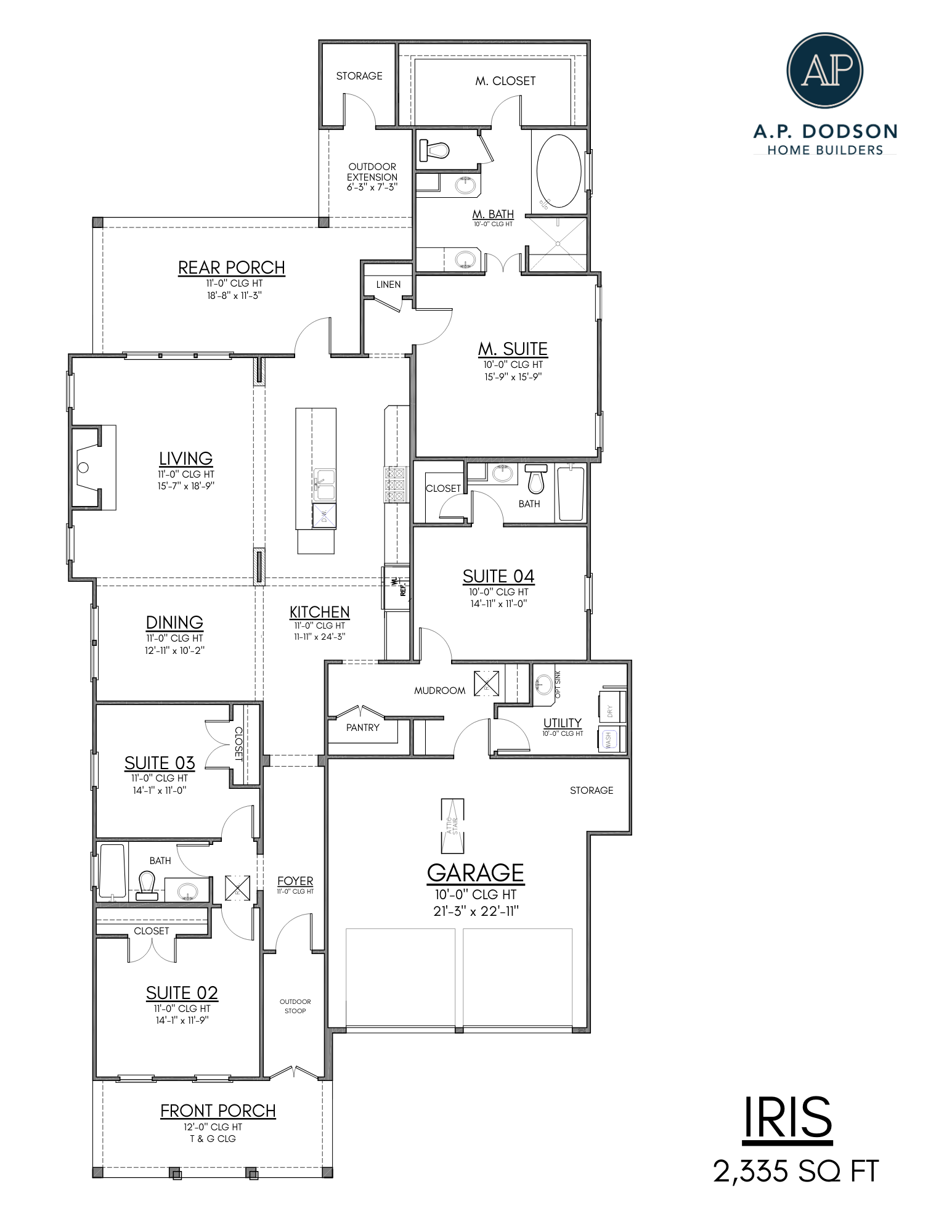 Iris floor plan by AP Dodson Home Builders featuring 2,335 sq ft single-story layout with 4 bedrooms, open-concept kitchen and living area, dining room, rear covered porch, mudroom, utility room, and spacious two-car garage.