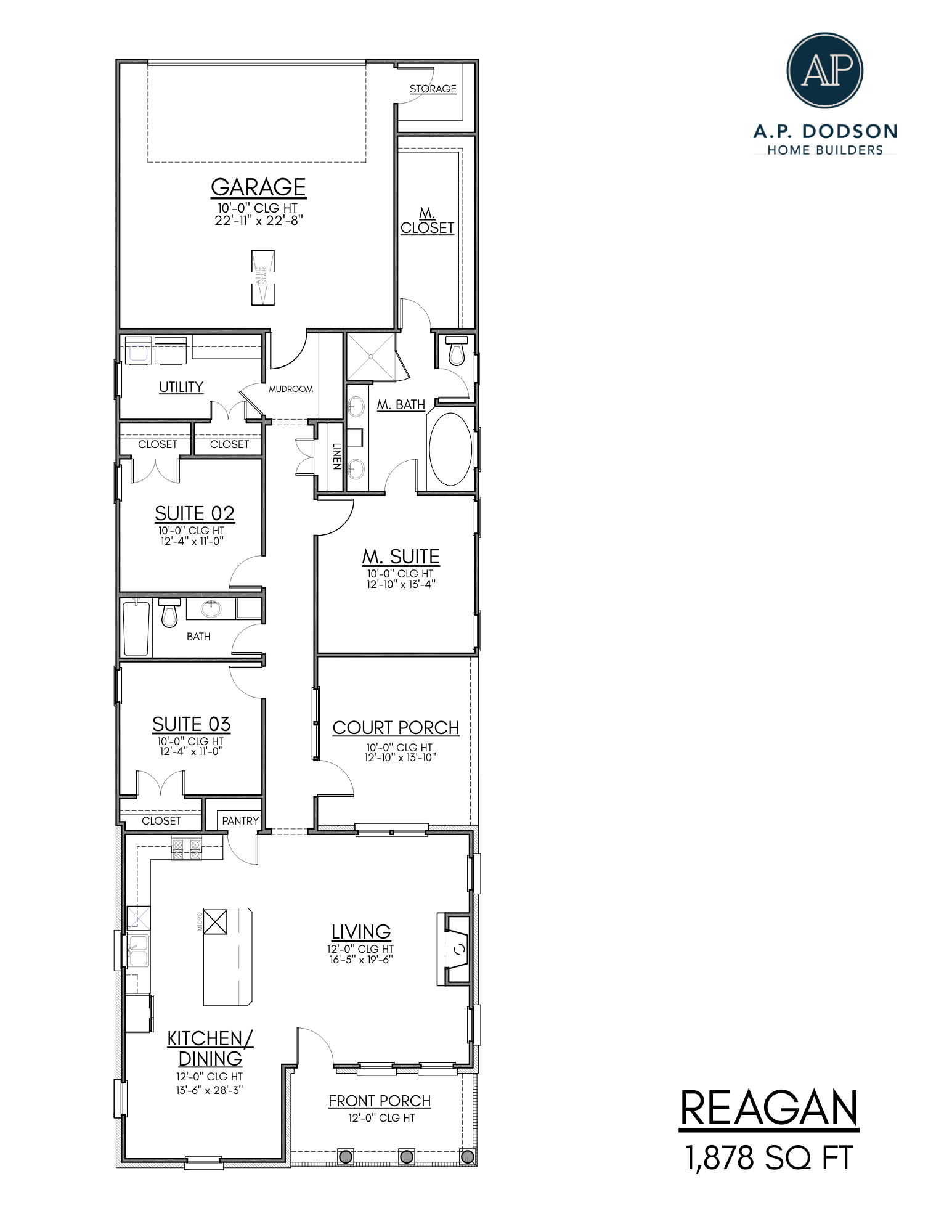 The Reagan by A.P. Dodson is a single-story home delivering 3 bedrooms and 2 bathrooms across 1,878 sq. ft. Enter the open layout from the gorgeous front porch to the living area that seamlessly connects to the large kitchen with island and dining area. The generous Owner's Suite includes a luxury bath with double vanities and a massive walk-in closet. The remaining two bedrooms share an additional full bath in the hall. This home also includes a 2-car garage, dedicated utility room, mudroom, and side court porch perfect for entertaining.