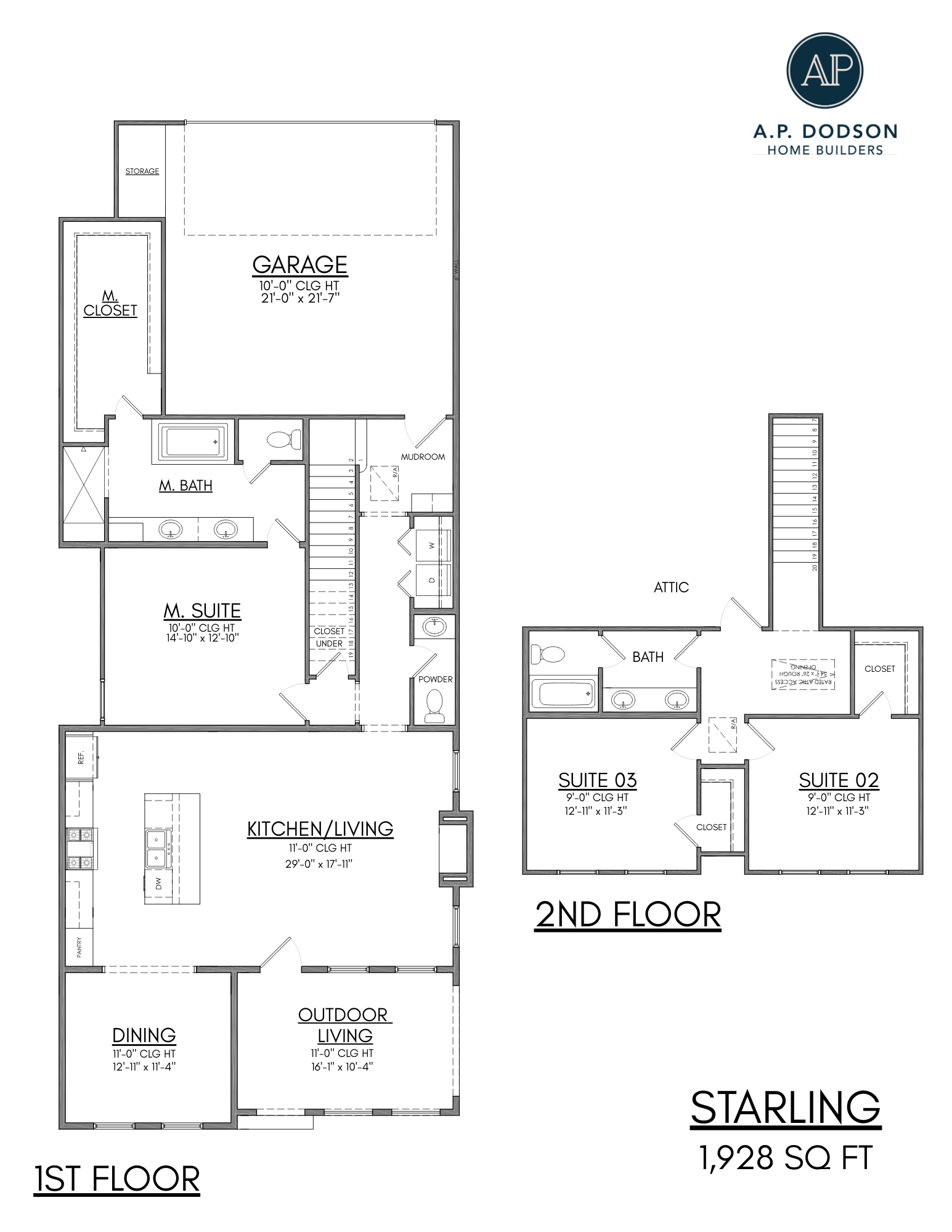 Starling floor plan by AP Dodson Home Builders featuring a 1,928 sq ft two-story layout with open-concept kitchen and living area, dedicated dining space, outdoor living area, main-level primary suite with walk-in closet and private bath, two upstairs bedrooms, full bath, attic access, mudroom, powder room, and attached garage.