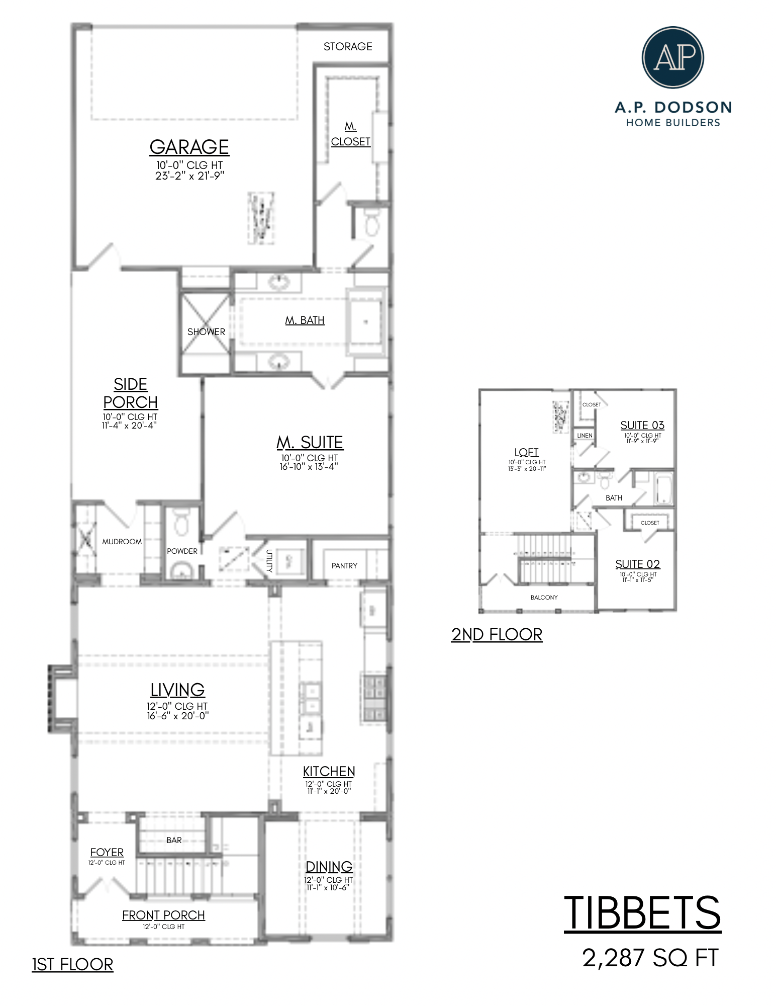 Tibbets floor plan by AP Dodson Home Builders showing a spacious two-story layout with 2,287 square feet, open-concept living and kitchen area, first-floor primary suite, side porch, large garage, and second-floor loft with two additional bedroom suites and balcony.