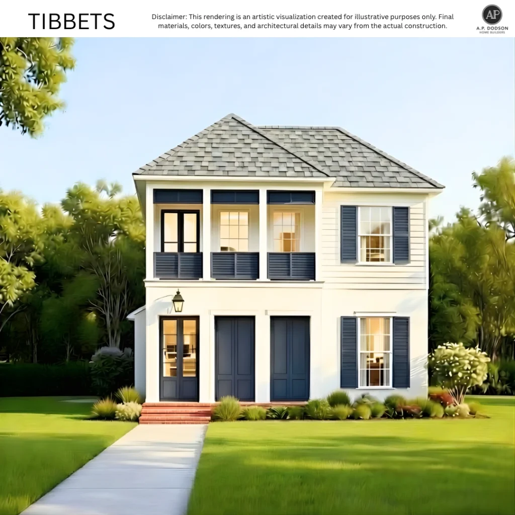 Tibbets home exterior by AP Dodson Home Builders featuring a charming two-story design with covered front porch, balcony, navy shutters, double front doors, manicured landscaping, and a classic Southern-style facade.