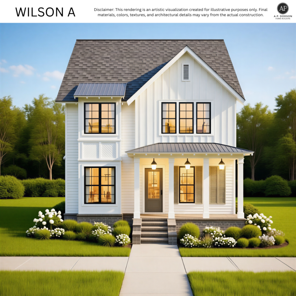 Wilson A home exterior by AP Dodson Home Builders featuring a two-story modern farmhouse design with white board-and-batten siding, black framed windows, metal accent roof, covered front porch with columns, landscaped front yard, and warm exterior lighting.