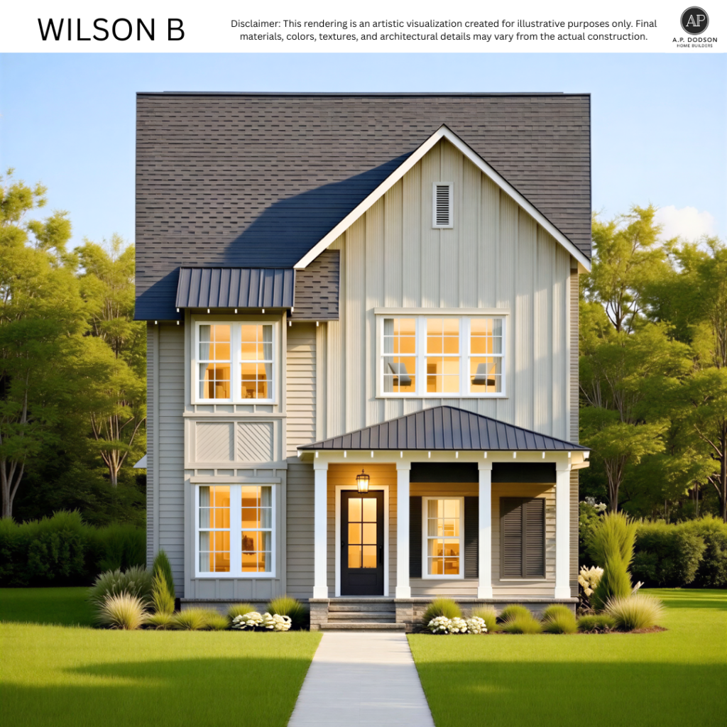 Wilson B home elevation by AP Dodson Home Builders featuring a two-story farmhouse-style design with board-and-batten siding, metal porch roof, covered front porch, black front door, large windows, manicured landscaping, and a spacious front lawn.