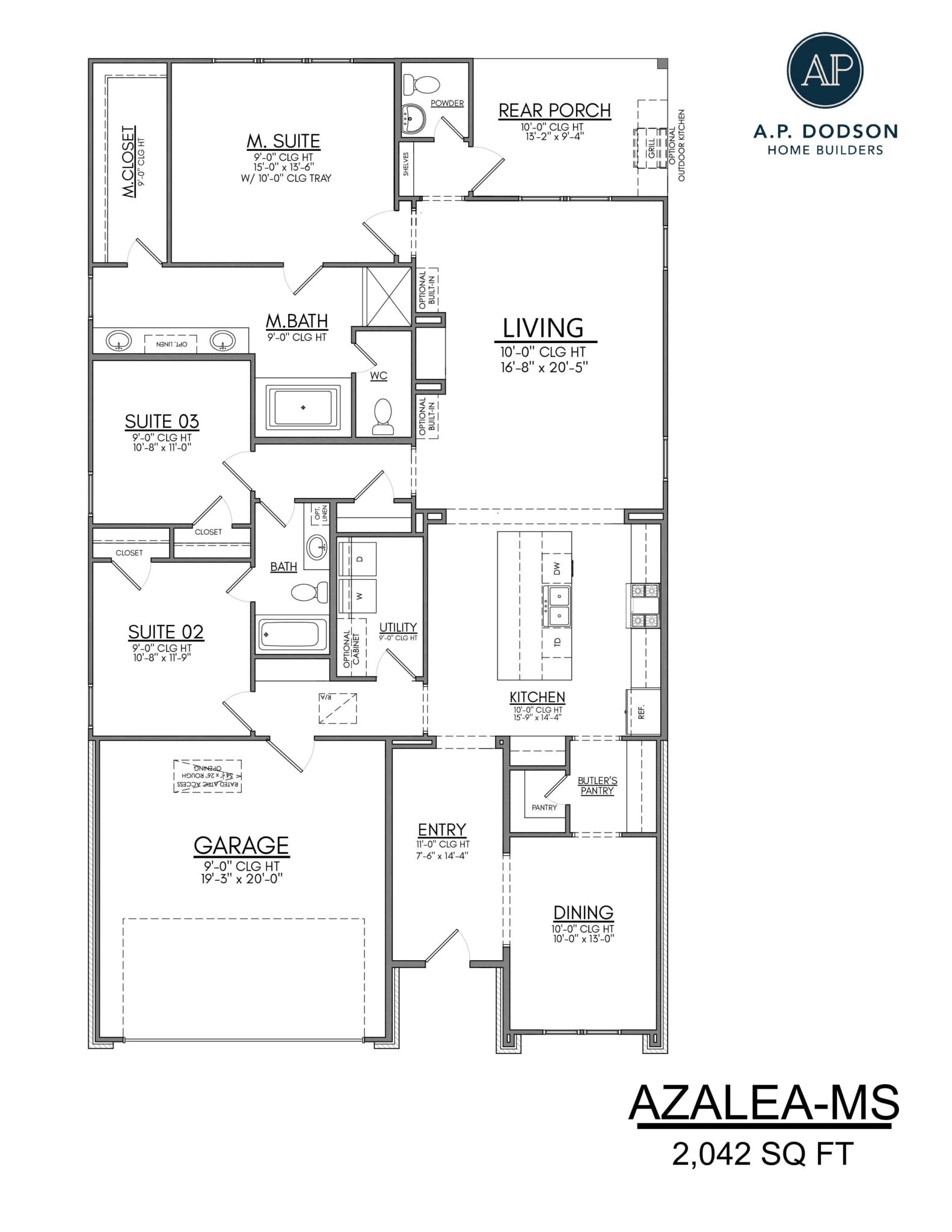 Azalea MS floor plan by AP Dodson Home Builders featuring 2,000 square feet with a primary suite, two additional bedrooms, open-concept kitchen and dining area, butler’s pantry, utility room, rear porch, and two-car garage.