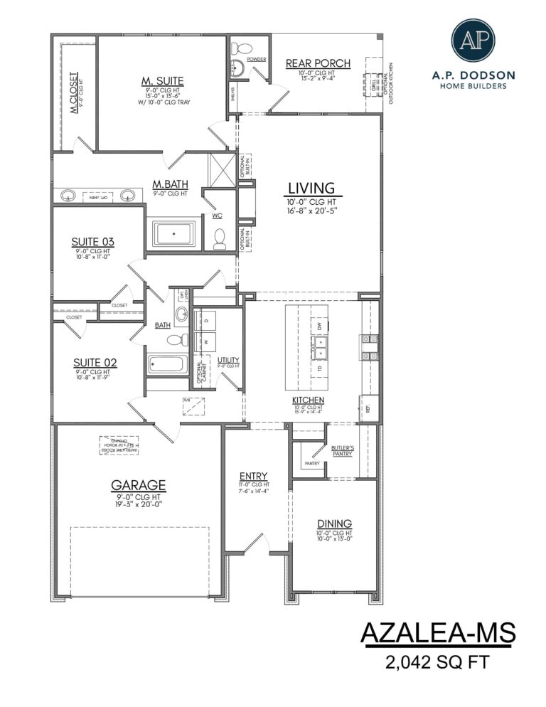 Azalea MS floor plan by AP Dodson Home Builders featuring 2,000 square feet with a primary suite, two additional bedrooms, open-concept kitchen and dining area, butler’s pantry, utility room, rear porch, and two-car garage.