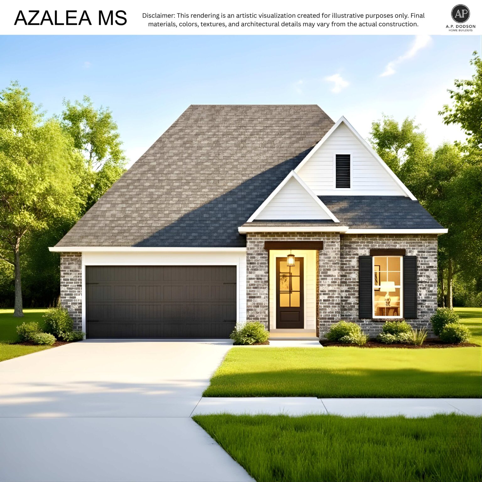 Exterior rendering of the Azalea MS home by AP Dodson featuring a modern cottage design with brick façade, gabled roof, single-car garage, covered front entry, and landscaped front yard.