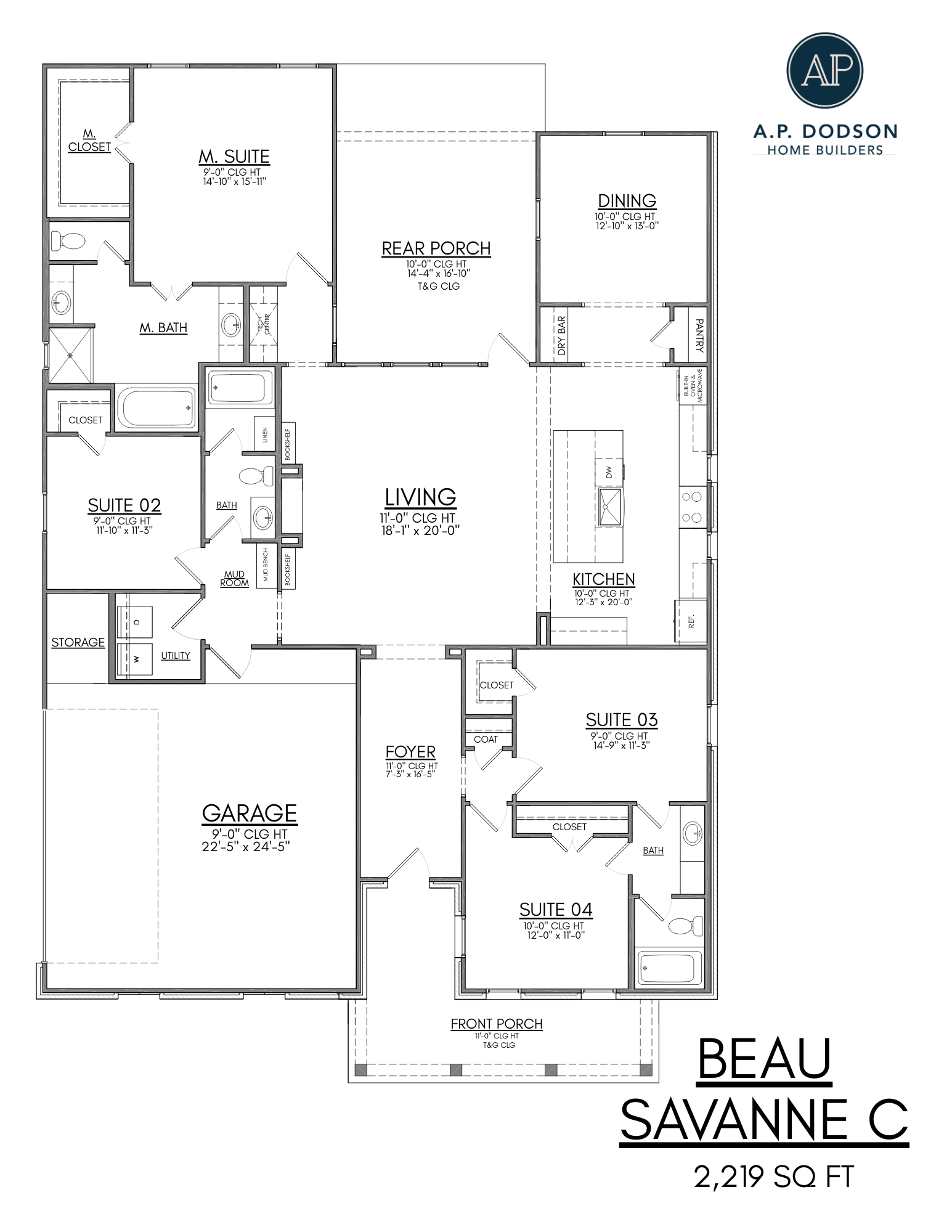 Beau Savanne C floor plan by AP Dodson Home Builders, 2,219 square foot single-story home featuring 4 bedrooms, 3 bathrooms, open-concept living and dining area, kitchen with island, rear porch, front porch, mudroom, utility room, storage space, and attached two-car garage.