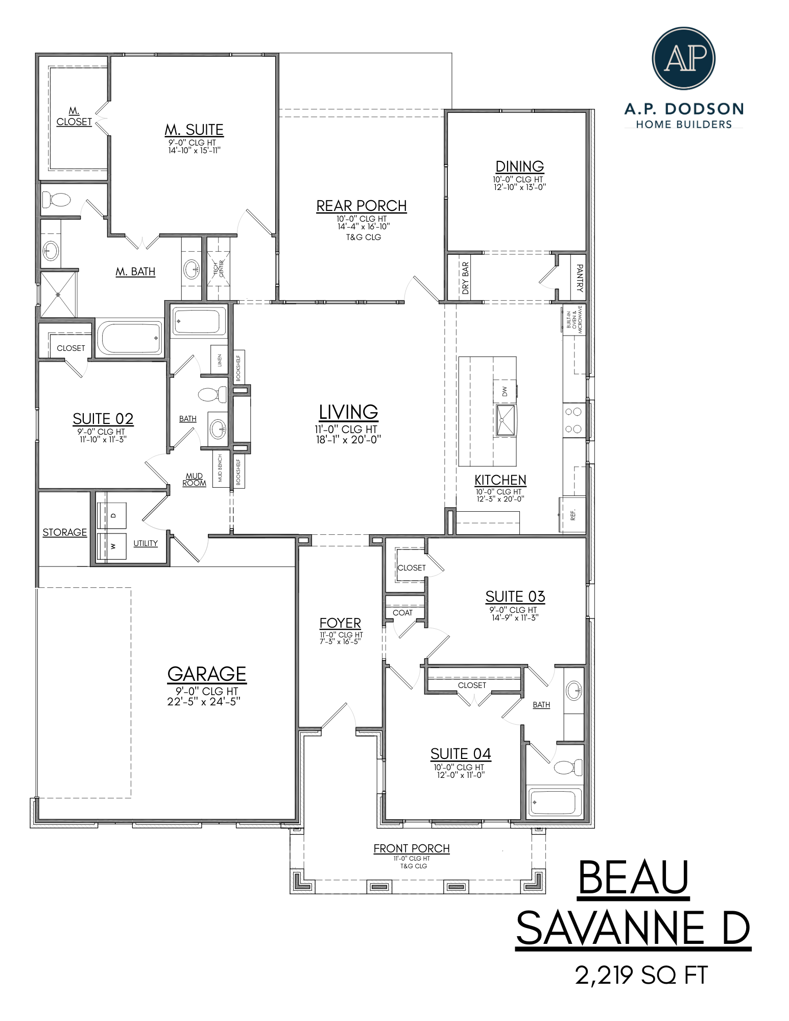 Beau Savanne D floor plan by AP Dodson Home Builders, 2,219 square foot single-story home featuring 4 bedrooms, 3 bathrooms, open-concept living and dining area, kitchen with island and pantry, rear porch, front porch, mudroom, utility room, storage space, and attached two-car garage.