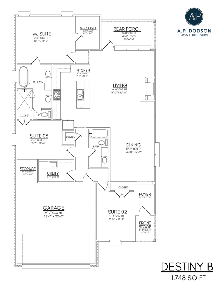 Destiny B floor plan by AP Dodson Home Builders – 1,748 sq ft single-story home featuring 3 bedrooms, 2 bathrooms, open-concept kitchen with island and pantry, spacious living and dining area, private master suite with walk-in closet, rear porch, front stoop, utility room, storage space, and 2-car garage layout.