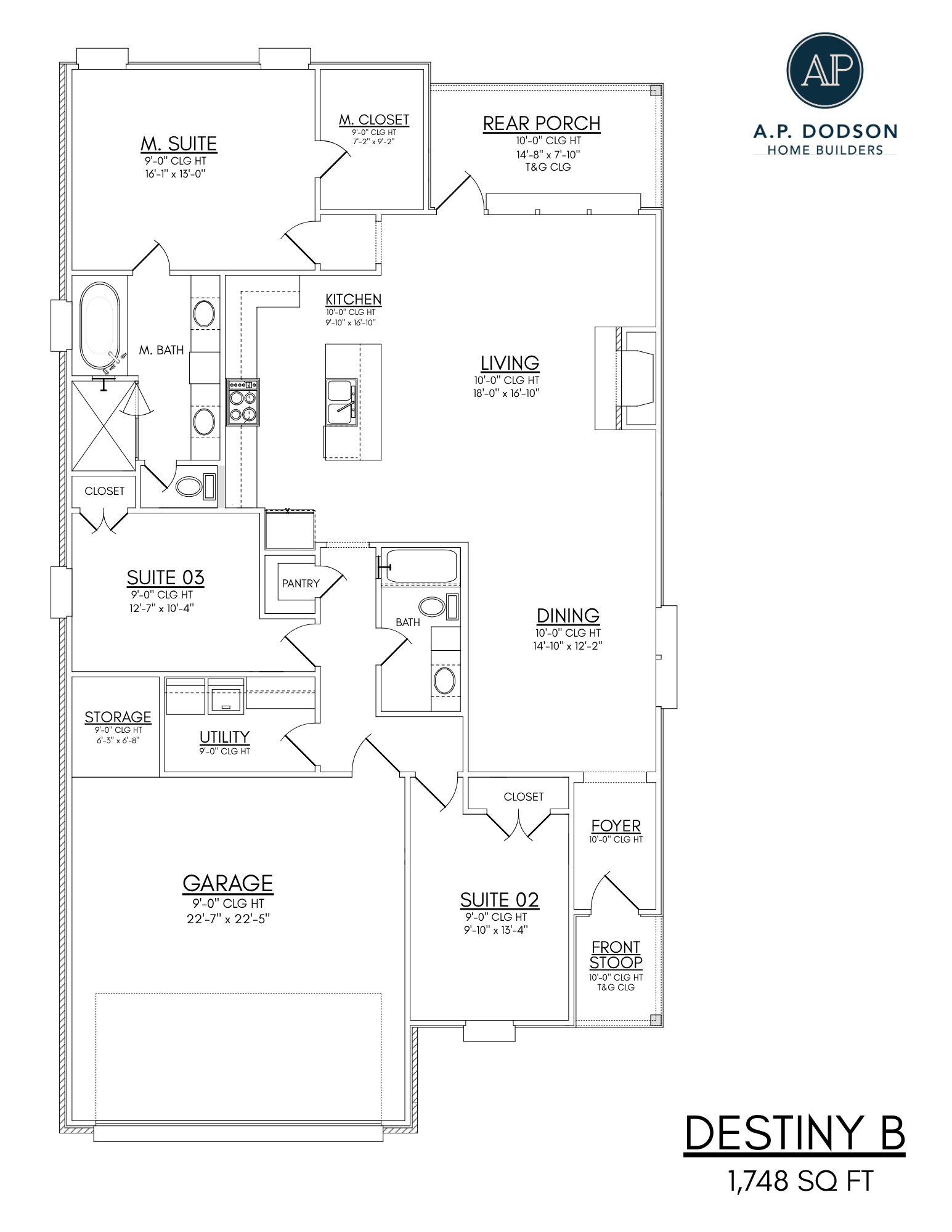 Destiny B floor plan by AP Dodson Home Builders – 1,748 sq ft single-story home featuring 3 bedrooms, 2 bathrooms, open-concept kitchen with island and pantry, spacious living and dining area, private master suite with walk-in closet, rear porch, front stoop, utility room, storage space, and 2-car garage layout.