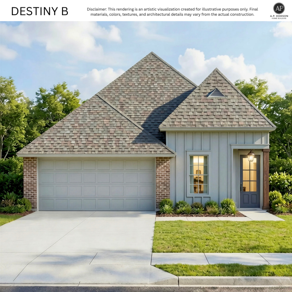 Destiny B elevation by AP Dodson Home Builders – single-story new construction home with brick and board-and-batten exterior, steep gable roof, covered entry, two-car garage, and landscaped front yard.