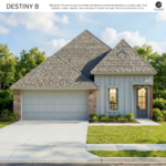 Destiny B elevation by AP Dodson Home Builders – single-story new construction home with brick and board-and-batten exterior, steep gable roof, covered entry, two-car garage, and landscaped front yard.
