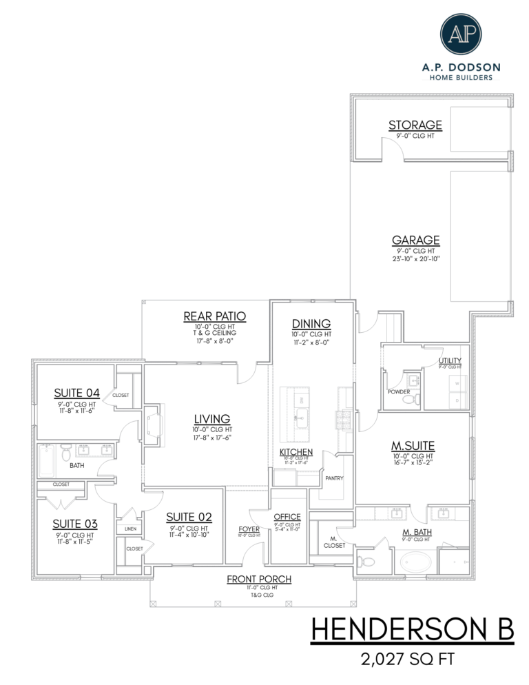 Henderson B floor plan by AP Dodson Home Builders, 2,027 square foot single-story home featuring 4 bedrooms, 2 bathrooms, dedicated office, open-concept living and dining area, kitchen with island, rear patio, front porch, utility room, storage space, and attached two-car garage.