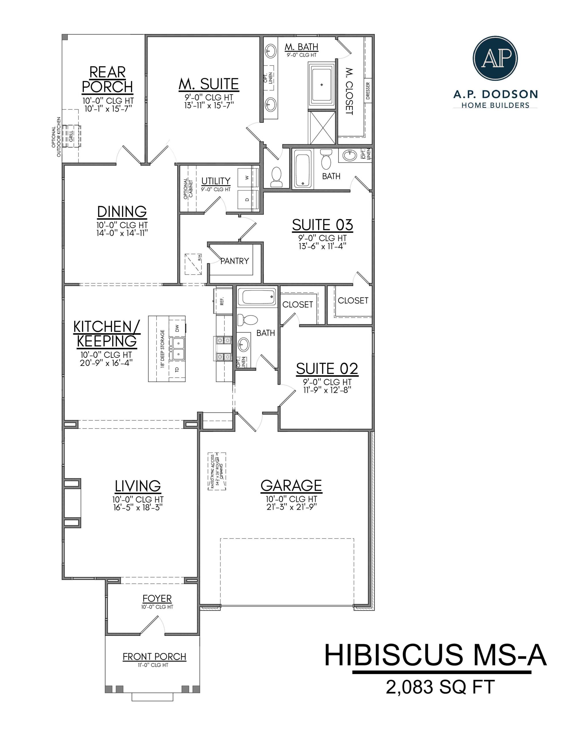 Floor plan of the Hibiscus MS-A model home by A.P. Dodson Home Builders in Baton Rouge, a 2,045 square foot new construction featuring three bedrooms, two bathrooms, open kitchen and living area, dining space, rear porch, and two-car garage.