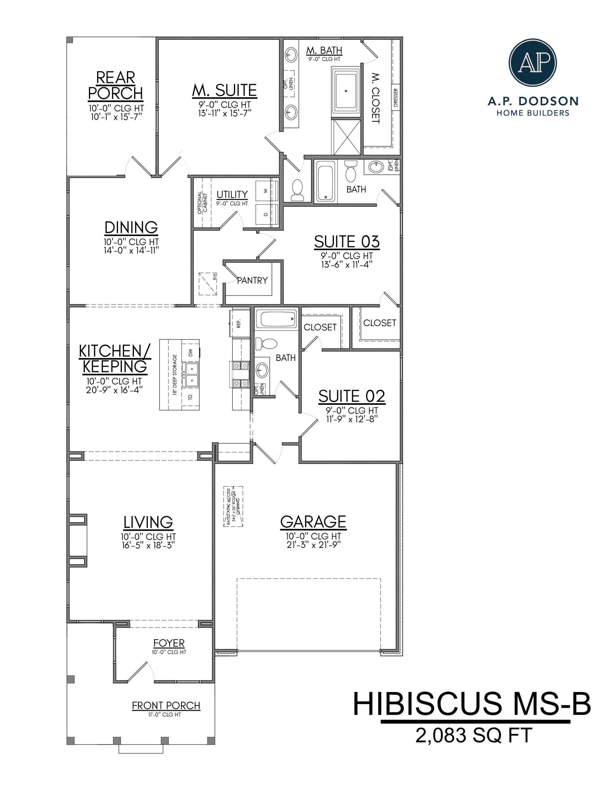 Hibiscus MS-B floor plan by AP Dodson Home Builders showcasing a 2,083 sq ft single-story layout with open living area, kitchen with keeping room, formal dining room, primary suite with walk-in closet and spa-style bath, two additional bedrooms, multiple full baths, rear porch, utility room, pantry, and attached two-car garage.