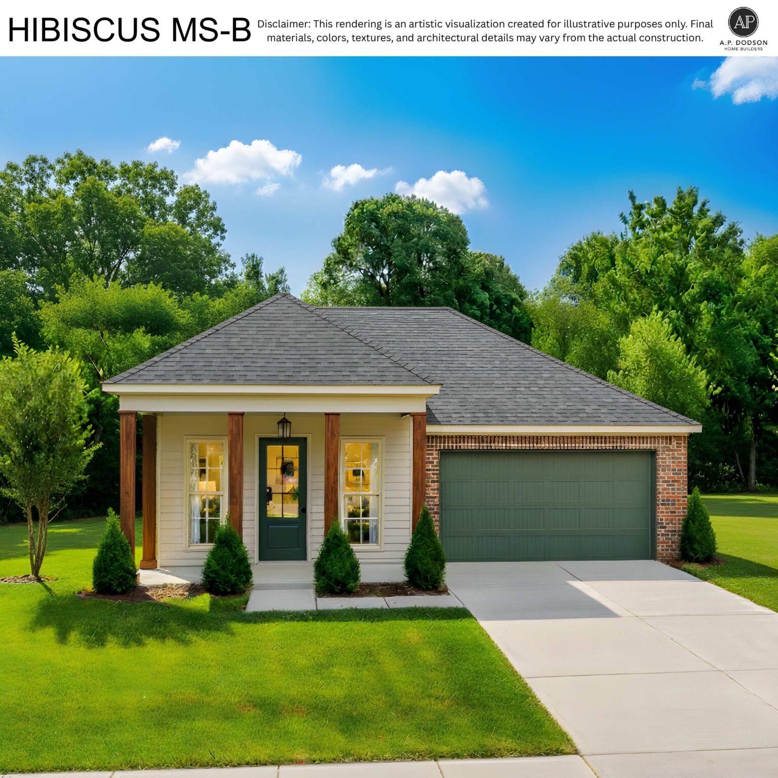 New construction Hibiscus MS-B model home by A.P. Dodson Home Builders in Baton Rouge, featuring a craftsman-inspired design with light siding, brick accents, wood porch columns, green front door, two-car garage, and landscaped yard.
