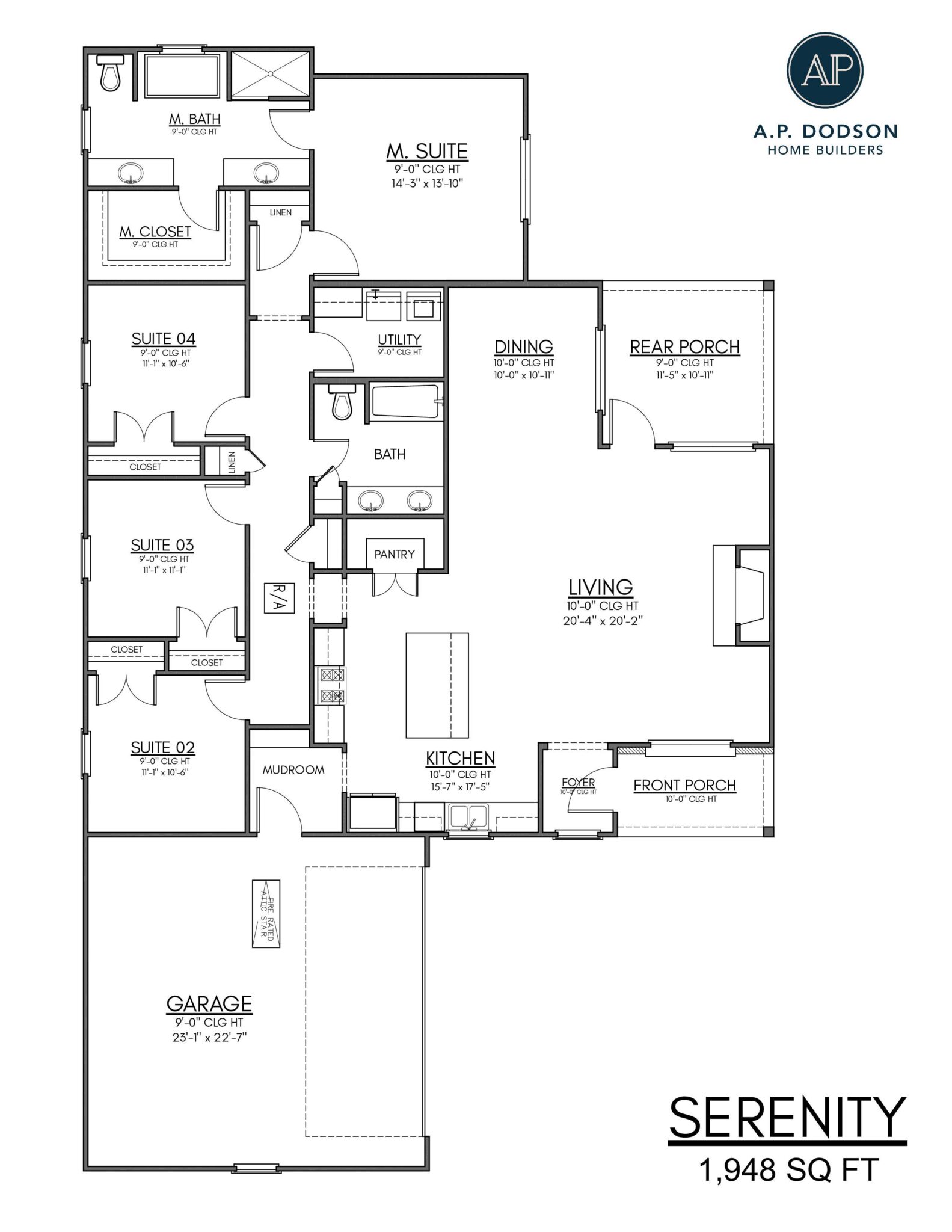 Serenity floor plan by AP Dodson Home Builders, 1,948 square foot single-story home featuring 4 bedrooms, 2 bathrooms, open-concept living and dining area, kitchen with island and pantry, rear porch, front porch, mudroom, utility room, and attached two-car garage.