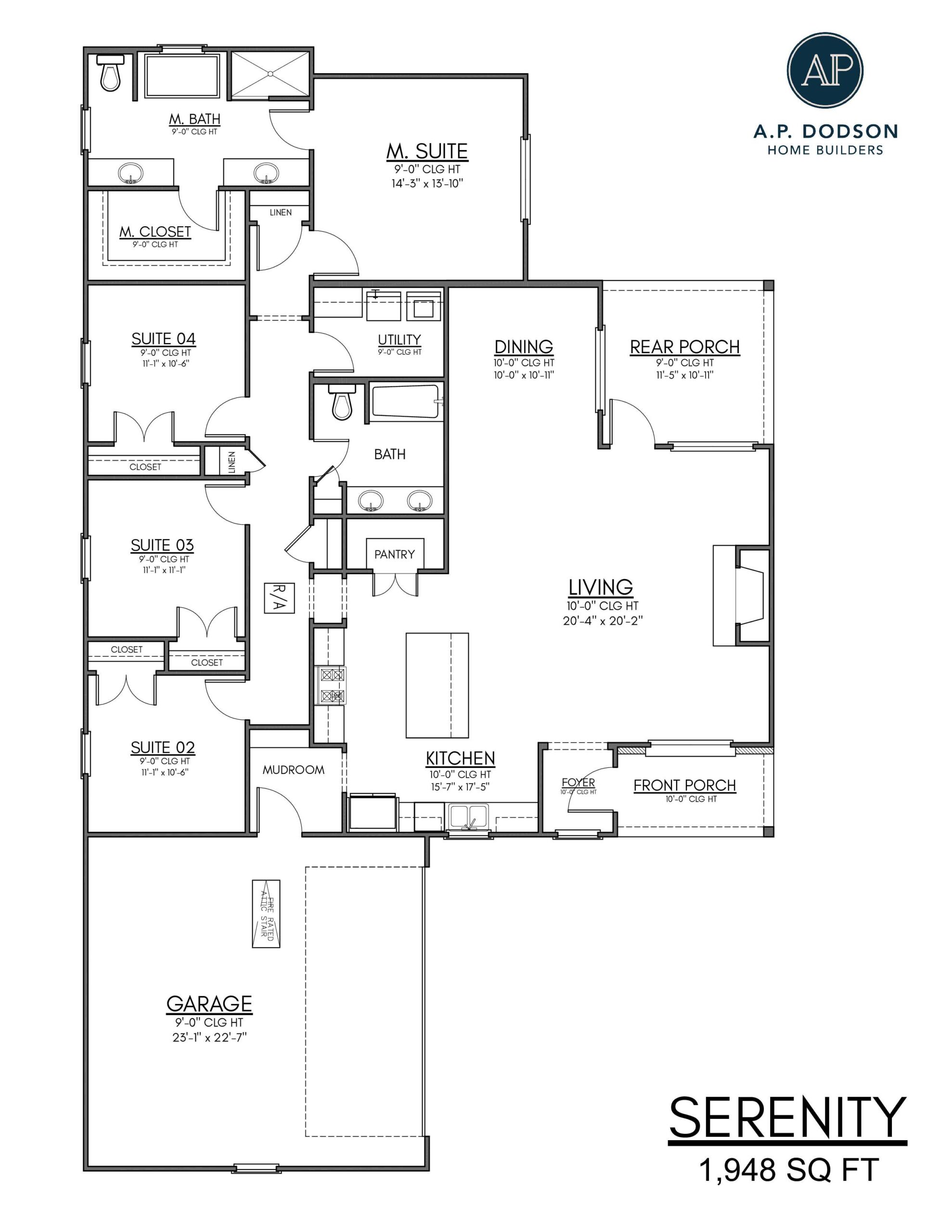 Serenity floor plan by AP Dodson Home Builders, 1,948 square foot single-story home featuring 4 bedrooms, 2 bathrooms, open-concept living and dining area, kitchen with island and pantry, rear porch, front porch, mudroom, utility room, and attached two-car garage.