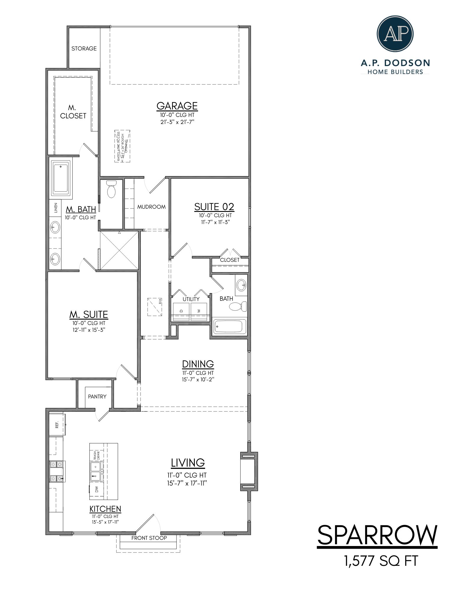 Sparrow floor plan by AP Dodson Home Builders, 1,577 square foot single-story home featuring 2 bedrooms, 2 bathrooms, open living and dining area, kitchen with island, mudroom, utility room, and 2-car garage.