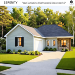 Serenity floor plan by AP Dodson Home Builders featuring a single-story home with light siding and brick exterior, attached two-car garage, covered front porch, black shutters, and landscaped front yard.