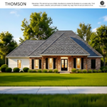Thomson floor plan by AP Dodson Home Builders featuring a single-story home with brick and siding exterior, covered front porch, black shutters, landscaped yard, and classic Southern design.