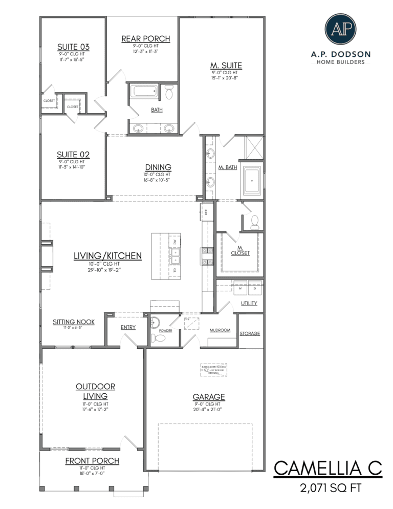 Camellia C floor plan by AP Dodson Home Builders – 2,071 sq ft single-story home featuring 3 bedrooms, 2.5 bathrooms, open-concept living and kitchen with large island, dining area, private master suite with walk-in closet, sitting nook, outdoor living space, front porch, mudroom, utility room, storage, and 2-car garage layout.