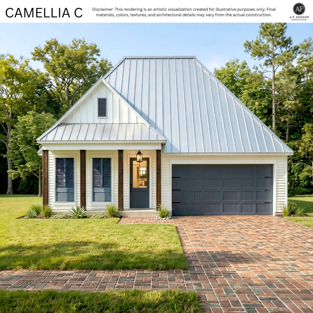 amellia C elevation by AP Dodson Home Builders – single-story new construction home with white board and batten exterior, metal roof, covered front porch with stained wood columns, dark two-car garage door, and landscaped front yard.