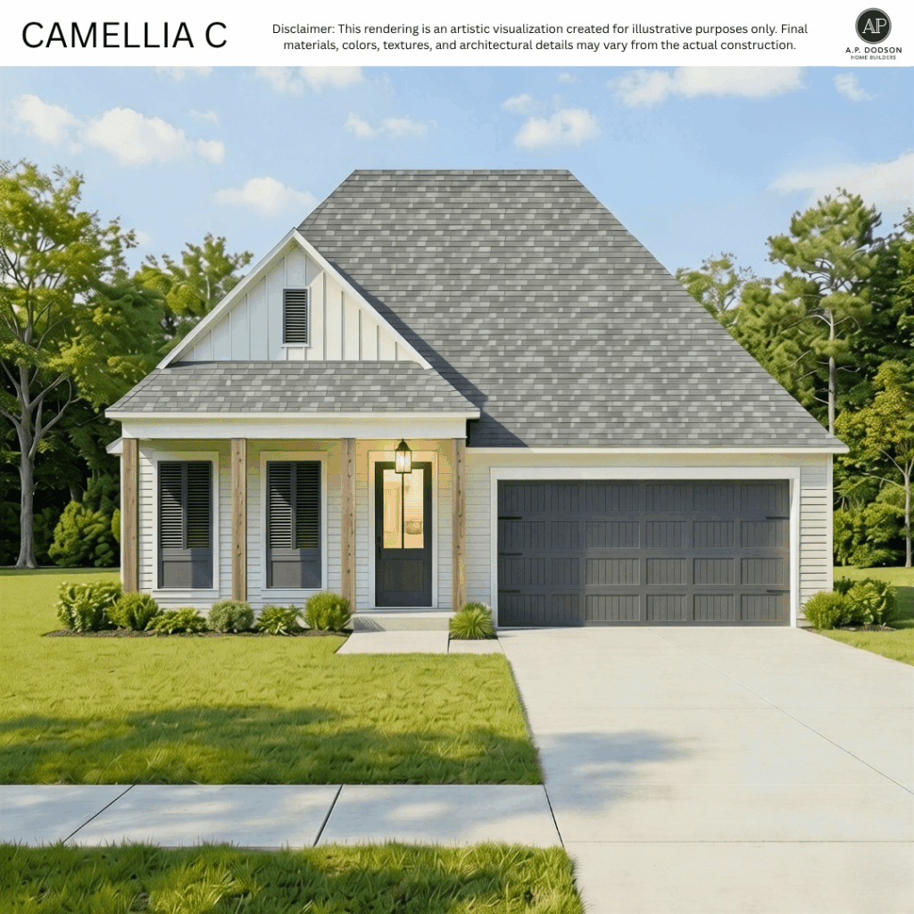 Camellia C elevation by AP Dodson Home Builders – single-story new construction home with gable roof, covered front porch with wood columns, brick and siding exterior, two-car garage, and landscaped front yard.