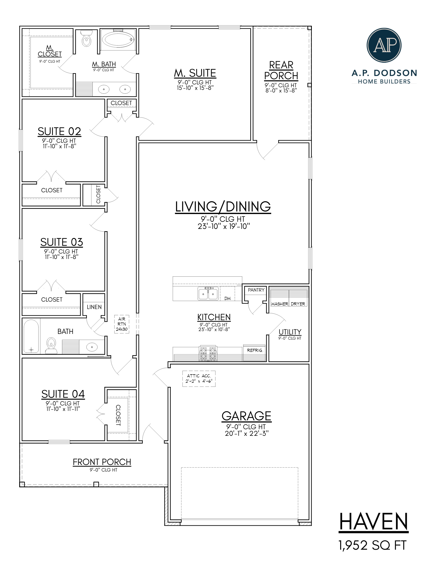 Haven floor plan by AP Dodson Home Builders – 1,952 sq ft single-story home featuring 4 bedrooms, 2 bathrooms, open living and dining area, spacious kitchen with pantry, private master suite with walk-in closet and bath, utility room, front porch, rear porch, and 2-car garage layout.